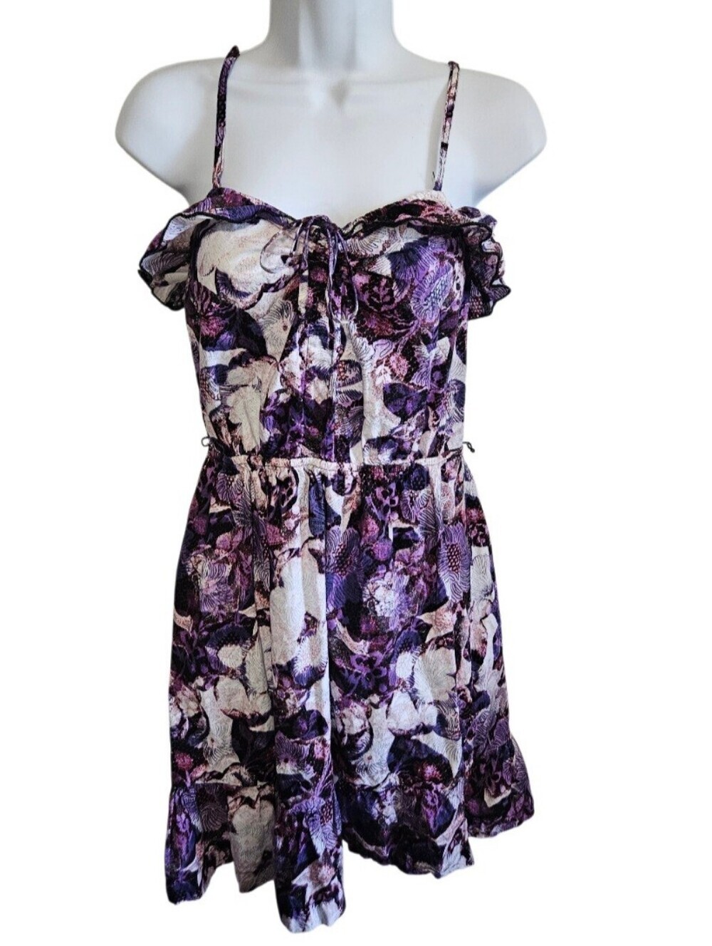 0084 OP Ocean Pacific Purple Floral Ruffle Mini Dress Spaghetti Strap Y2K Medium